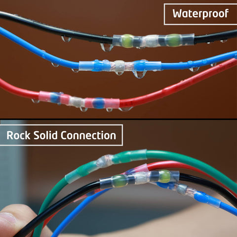 350 Pcs solder-seal wire connectors kit with clear heat-shrink butt joints on red, blue, and black wires