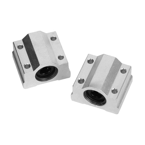 Two aluminum 4 Pack SCS10UU Linear Motion Ball Bearing Slide Units with 10mm inner diameter for CNC machines and 3D printers, front view.