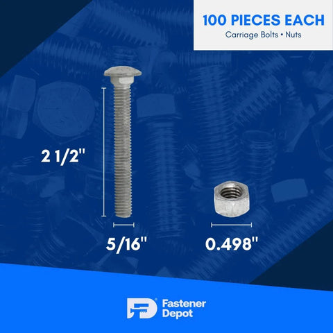 5/16-18 Inch Fully Threaded Hot Dipped Galvanized Carriage Bolt Kit For Exterior Projects image showing bolt and nut sizes.