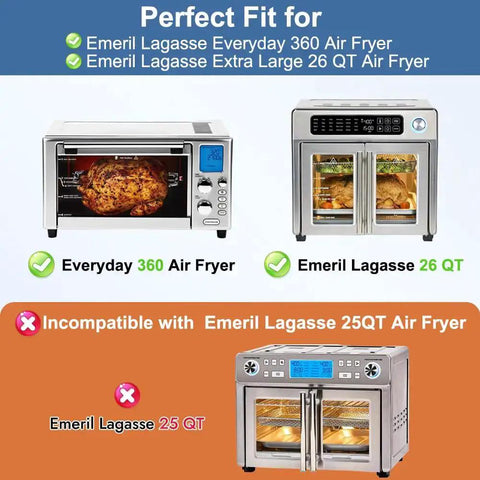 Comparison of Emeril Lagasse air fryer models showing compatibility with Replacement Air Fryer Basket For Emeril Lagasse 26 Qt French Door Oven 360 Extra Large Must Have Perfect Fit, 12.6 By 10.2 Inches Stainless Steel Baking Tray And Wire Rack Accessory