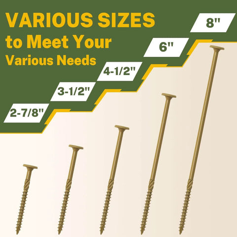 Heavy-Duty Lag Screws 14 X 4-1/2 Inch, 50-Pcs Outdoor Structural Wood Screws with Flat Heads, Rust-Resistant Bronze Coated for Decking, Timber, Landscape, Star Drive, T30 Bit Included, Built to Withstand Heavy Loads shown in various sizes