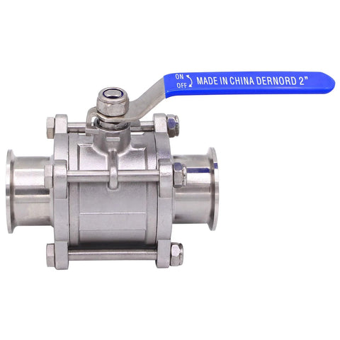 DERNORD 2 inch sanitary ball valve front view, tri-clamp ends, 304 stainless steel, PTFE-lined, blue lever, fits 2 inch tube OD.