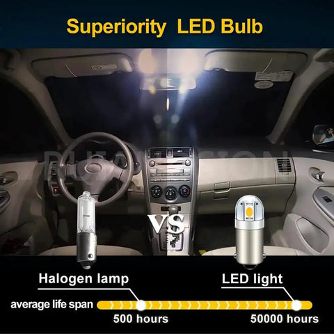 Car interior comparison with halogen lamp vs LED light, highlighting lifespan; focus on 4 Pack 6V Warm White BA9S LED Bulbs.