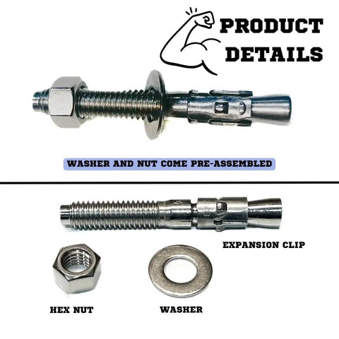 Wedge Anchors Heavy Duty 304 Stainless Steel Expansion Bolts For Concrete And Masonry Corrosion Resistant Durable Construction Three Eighths Inch By Three Inch Size Five Pack Ideal For Structural Mounts And Heavy Equipment Secure Anchoring showing pre-assembled washer and nut with expansion clip.