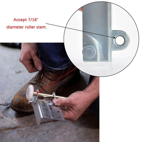 Installing bottom lifting brackets for sectional garage doors with seven sixteenth inch stem rollers, close-up view with stem detail.