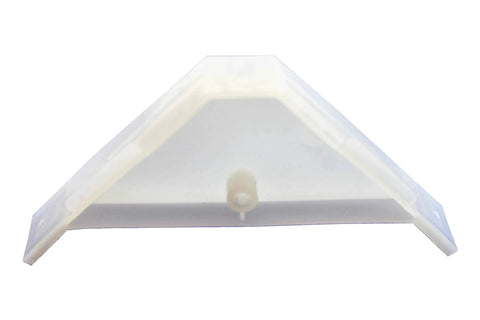 White durable plastic triangle bracket with off-center screw hole, part of 12 Pack 90 Degree Cabinet Triangle Brackets, 2.5 x 2.5 x 0.75 inches.