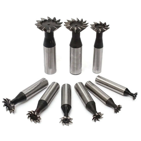 HSS Dovetail Cutter End Mill 16mm Shank 45 Degree Right Hand Milling Tool in a set of eight, showing various cutter sizes.