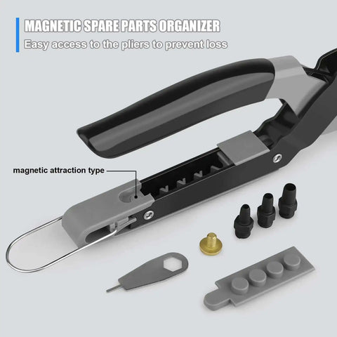 Close-up of Multi Function Hole Punch Plier Set With Storage Case showing magnetic parts organizer and replaceable punch heads.