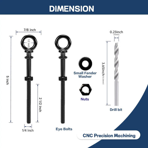 Dimensions of 10 Pack Black Titanium Shoulder Eye Bolts One Quarter Inch By Four Inch Shank T316 Stainless Steel Heavy Duty Eyebolts With Nuts Washers And Drill Bit For Cable Railing Deck Marine Grade