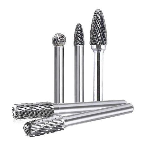 Tungsten Carbide Burr Set 10 Piece One Quarter Inch Shank Double Cut Rotary Burrs For Die Grinder, visible in varying shapes.