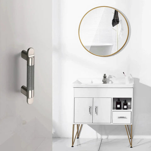 Bathroom cabinet with Knurled Cabinet Pulls Three And Three Quarters Inch Center To Center Five Pack In Grey And Brushed Nickel, installed handle