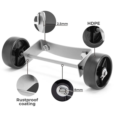 Patio heater wheel kit with two HDPE wheels, rustproof coated metal frame, universal fit for round propane heaters