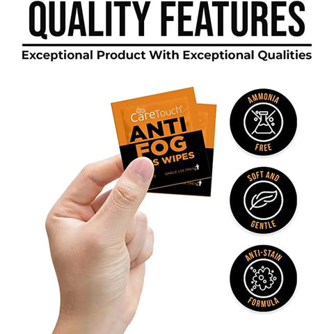Hand holding Anti Fog Glasses Wipes With Streak Free Clarity 100 Individually Wrapped, highlighting ammonia-free, gentle, anti-stain features.