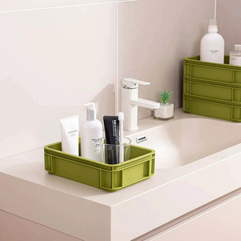 Heavy Duty Stackable Plastic Storage Bin For Kitchen, Bathroom, Office And Camping, Multi Purpose Organizer Tote, Green 2L on sink