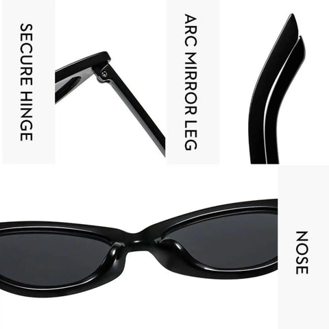 Women Cat Eye Sunglasses UV400 Protection Modern Retro Shades, black polycarbonate, featuring hinge, arc mirror leg, and nose bridge details