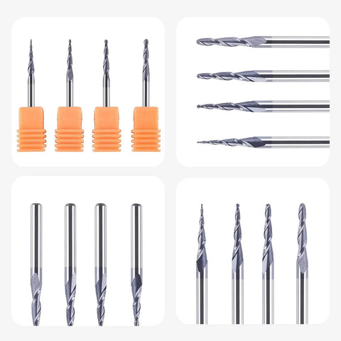 Assorted 4 Piece Ball Nose End Mill Set With Radii 0.25 0.5 0.75 And 1.0 Millimeters Tapered Cone Cutters One Eighth Inch Shank TiAIN Coated Carbide Bits For CNC Engraving And Carving SpeTool in four views