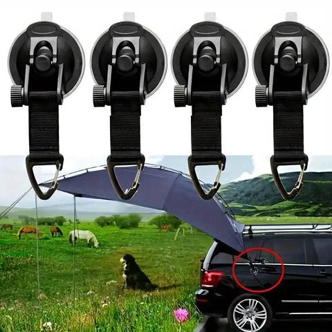 Universal Car Suction Cup Anchor With Securing Hook Reusable Heavy Duty Tie Down For Camping Tarp Car Side Awning Outdoor Motorhomes And Vans Accessories Scratch Free And Scratch Resistant No Drilling No Holes No Glue Easy Push And Attach displayed with hooks and car setup