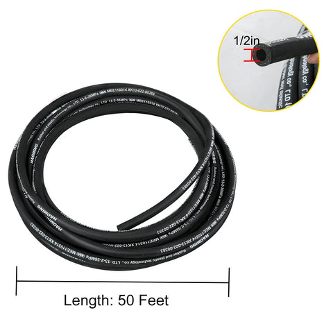 Hydraulic hose, 1/2 in ID, 50 ft, rubber with dual steel wire braid reinforcement, black