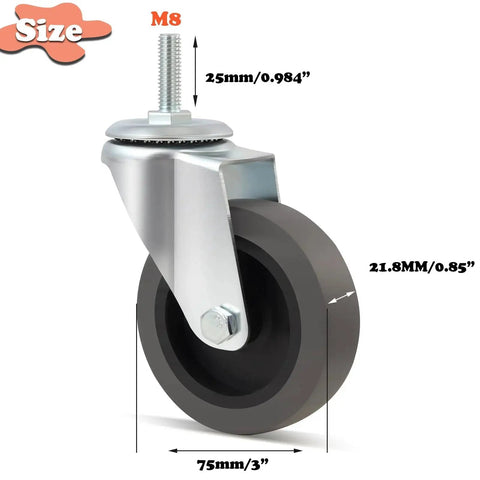 Casters Set Of 4 3 Inch Threaded Stem Caster Wheels M8 1.25x25mm Heavy Duty Rubber Castors With 360 Degree Swivel Floor Safe TPR Core