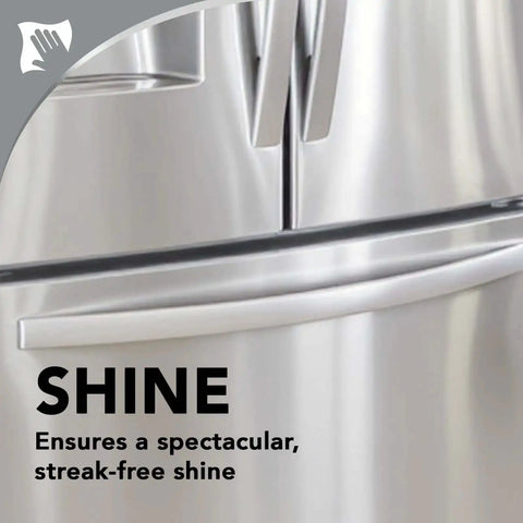 Shiny stainless steel refrigerator door after using Stainless Steel Cleaner And Polish Kit Three Piece With Spray Wipes And Cloth Anti Fingerprint Formula Removes Grease Water Spots Streaks And Residue For Appliances Sinks And Grills No Fuss Shine.