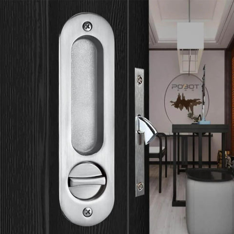 6.8 Inch Brushed Silver Privacy Pocket Door Lock Hardware With Invisible Recessed Handle Latch And Keys Sliding Door Mortise Lock For Left Or Right Doors Built To Last Zinc Alloy And Copper Core Anti Corrosion Dustproof installed on door