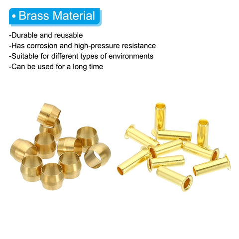 Brass compression sleeves and ferrules for 1/4 in OD hose, 20-pack, for air, water and gas piping.