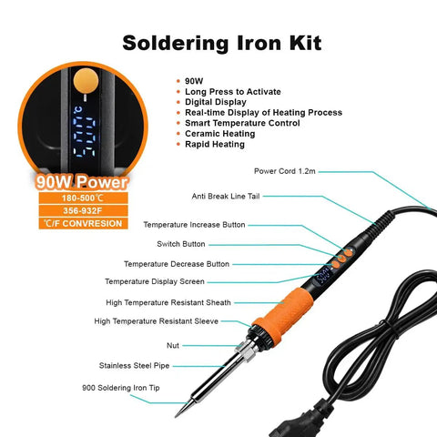90W Digital Soldering Iron Kit With Heat Set Inserts And Extra Tips For 3D Printing, ceramic core, real-time temperature display