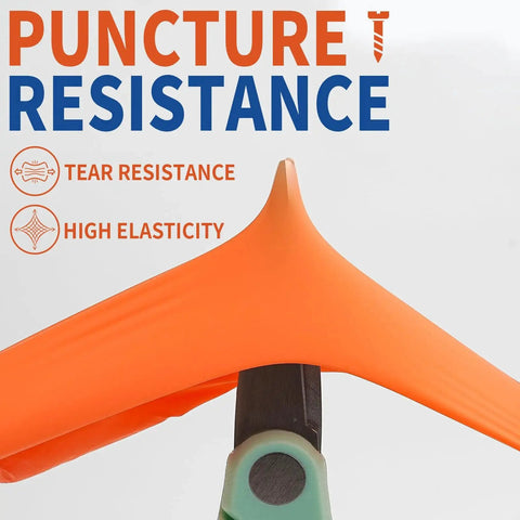 Orange nitrile gloves highlighting puncture resistance, tear resistance, and high elasticity with text overlay Nitrile Disposable Gloves Orange 3.5mil Medium 100 Count Powder Free Exam