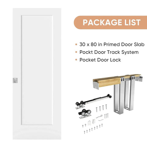 Sliding Pocket Door Kit 30 By 80 Inches With Track Hardware And Frame Kits White Paintable Door Slab Satin Nickel Privacy Latch Included
