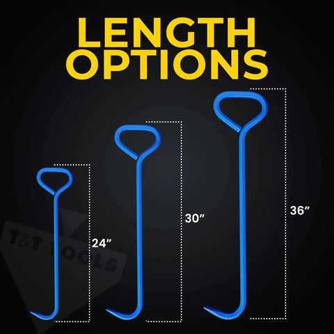 Three blue manhole cover hook tools in 24, 30, and 36 inches with text 'Length Options' on black background.