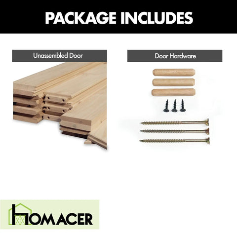 Five In One Design Solid Natural Pine Barn Door Kit For Interior Use, Forty Eight Inch Wide And Eighty Four Inch High, Unfinished And Unassembled With Pre Drilled Holes For Easy Assembly And Pre Routed Floor Guide Groove, Two Person Install, showing unassembled door pieces and hardware package contents.