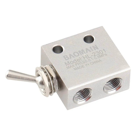 Front view of hand operated pneumatic knob switch valve three port two position normally closed with one eighth inch thread