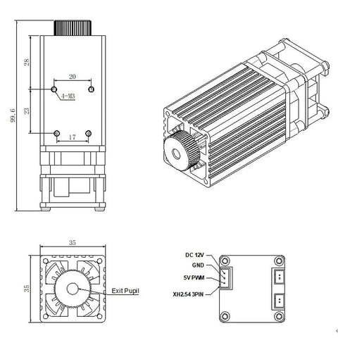 Technical illustration of a 4W Laser Engraver Module With Adjustable Focus For DIY Wood Paper Leather Projects, with dimensions