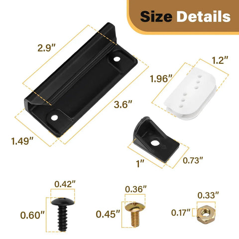 Door Tune Up Kit For Arrow Shed Sliding Doors DK100 A Replacement Parts size specifications, showing 2 handles, 4 guides, 4 slides, screws, and nuts.