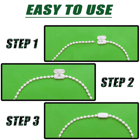 Step-by-step guide for connecting beaded chain cord for blinds using a connector clip on a green background