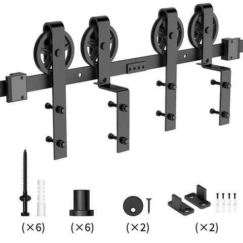 Sliding Barn Door Track Hardware Kit for Low Ceiling Spaces, Bypass and Rolling Library Ladder Style, shown with all components