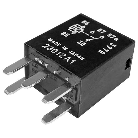 Three Pack 12V 30A 40A 5 Pin SPDT Automotive Relay for GM Vehicles, showing side view with pins and circuit diagram.