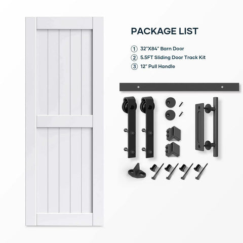 32 By 84 Inch White Barn Door With Five And A Half Foot Sliding Door Hardware Kit Included And Handle Solid Wood Covered With Waterproof PVC Surface Easy DIY Assembly And Install H Frame Fits Twenty Eight To Thirty Inch Wide Opening package contents