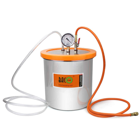 BACOENG 3-Gallon stainless steel vacuum degassing chamber with orange lid, gauge, and clear tubing.