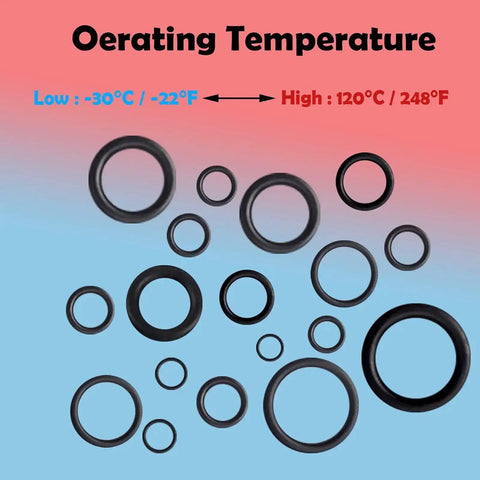 Assorted O-rings from the 1010 Piece Rubber O Ring Kit With 22 Sizes Universal O Ring Set For Automotive Faucets Pressure Washers Plumbing Sealing Repair Oil Gas Air Applications Heat Resistant, shown with operating temperature range -22°F to 248°F.