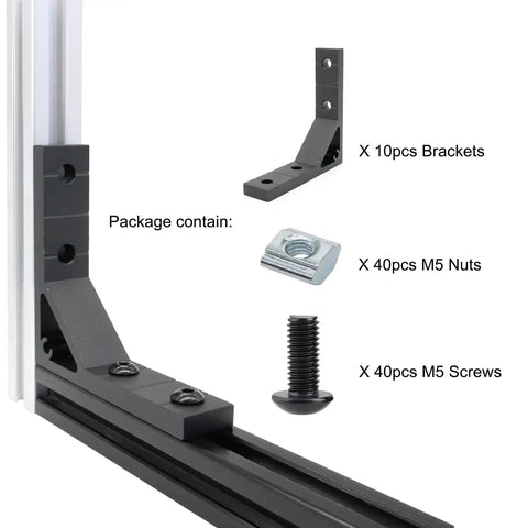 10 Pack 78x78mm 2020 Aluminum T Slot Corner Brackets Set For 20x20 2040 80 20 Aluminum Profiles Beefy Heavy Duty 90 Degree Right Angle Connectors With M5 Bolts Nuts Black packaged with corner bracket, M5 nuts, and screws.