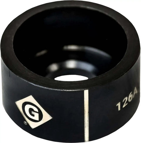 Replacement Die For 1-11/16 Inch Standard Round Knockout, 1.000 Inch Hole, front view of black metal die with engraved markings