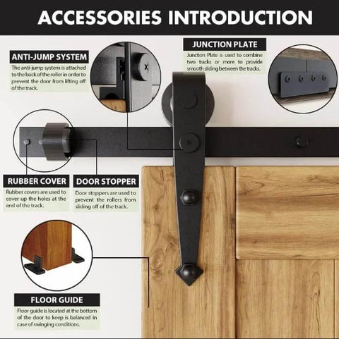 Parts detail of Black Rustic Sliding Barn Door Hardware Kit For Two Doors 13 Foot Flat Track System With Arrow Design Rollers.