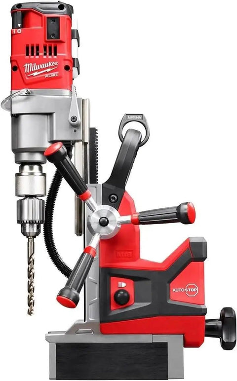 Front view of the M18 FUEL 1.5 Inch Lineman Magnetic Drill Kit Workhorse For Heavy Duty Steel Drilling with brushless motor by Milwaukee.
