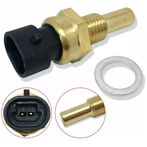 Engine coolant temperature sensor with brass body, black 2-pin connector, and mounting washer.
