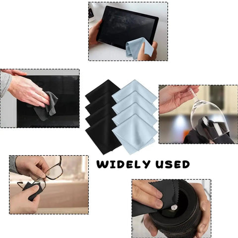 8 Pack Microfiber Cleaning Cloths For Glasses Screens Cameras with various uses displayed, including cleaning glasses, screens, and lenses.