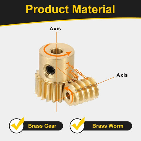 Brass Worm Gear Set With 0.5 Module, 20 Teeth, 20 To 1 Reduction, right rotation drive for mini gearbox, showing axis details.