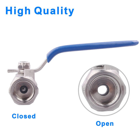 Stainless steel ball valve with blue handle, 0.25 inch NPT, 1PC type, for water, oil, and gas.