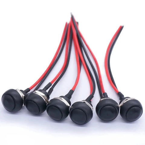 Six black 12mm momentary push button switches with pre-soldered wires, waterproof, for DIY makers, controllers, 3A 125V AC, round design.