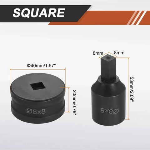 Hydraulic Hole Punch Die Set 8x8mm Square Hole for CH70 Electric Punching Machine in 40Cr Steel Black Finish with size dimensions